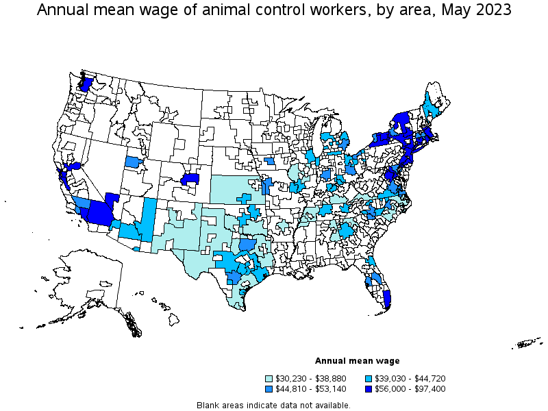 Map of annual mean wages of animal control workers by area, May 2021