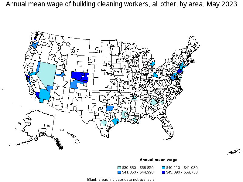 Map of annual mean wages of building cleaning workers, all other by area, May 2022