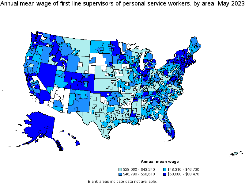Map of annual mean wages of first-line supervisors of personal service workers by area, May 2023