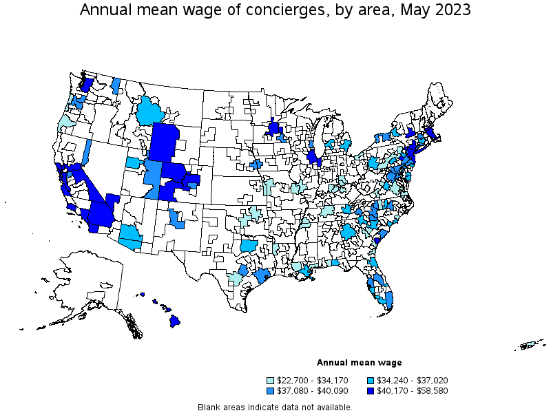 Map of annual mean wages of concierges by area, May 2022