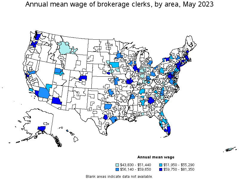 Map of annual mean wages of brokerage clerks by area, May 2021
