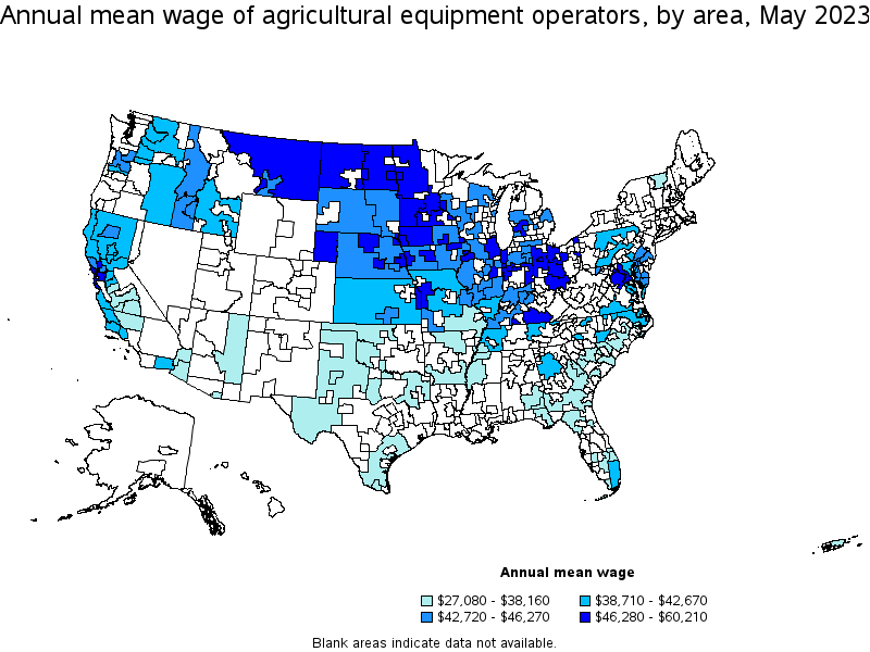 Map of annual mean wages of agricultural equipment operators by area, May 2021
