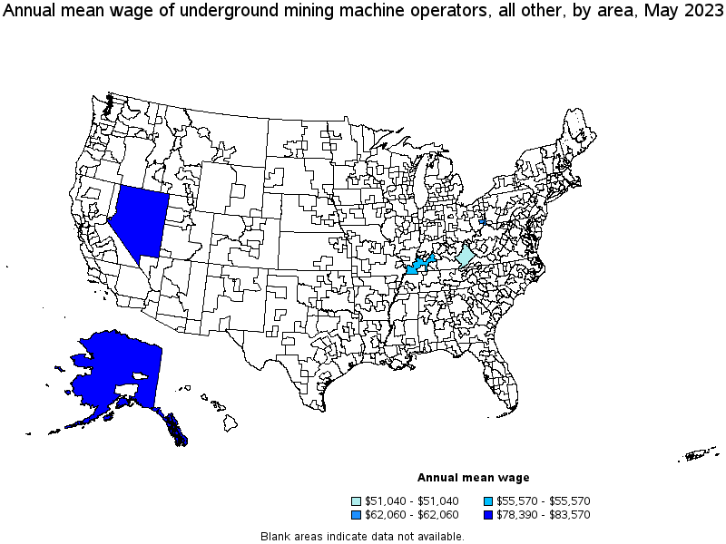 Map of annual mean wages of underground mining machine operators, all other by area, May 2021