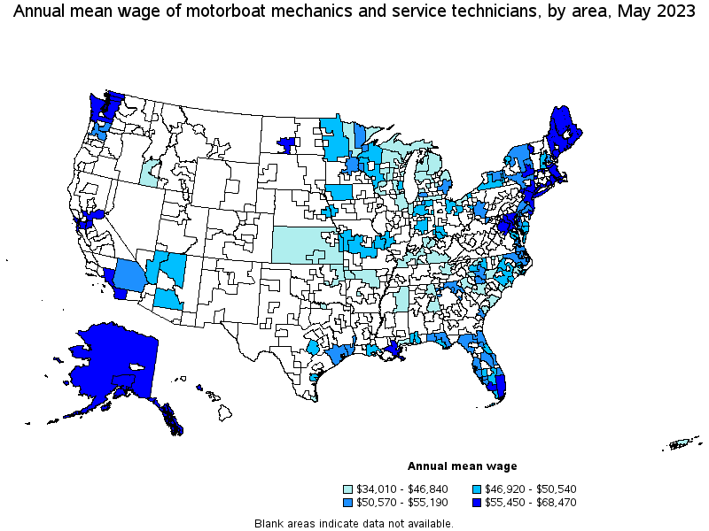 Map of annual mean wages of motorboat mechanics and service technicians by area, May 2021