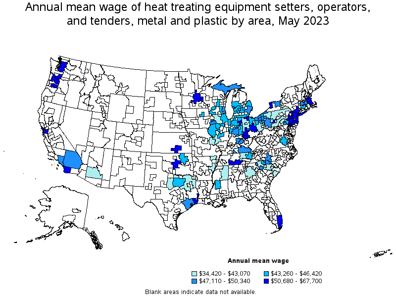 Map of annual mean wages of heat treating equipment setters, operators, and tenders, metal and plastic by area, May 2022
