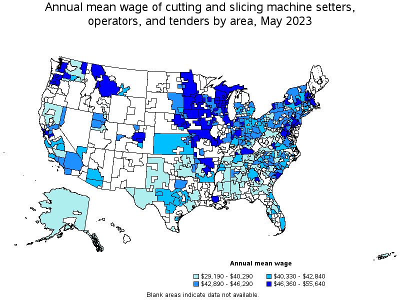 Map of annual mean wages of cutting and slicing machine setters, operators, and tenders by area, May 2021