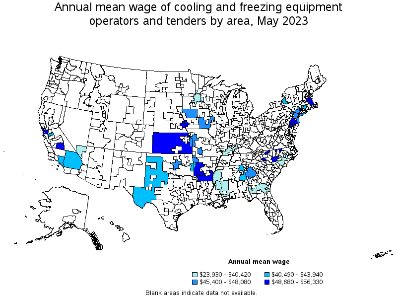 Map of annual mean wages of cooling and freezing equipment operators and tenders by area, May 2022