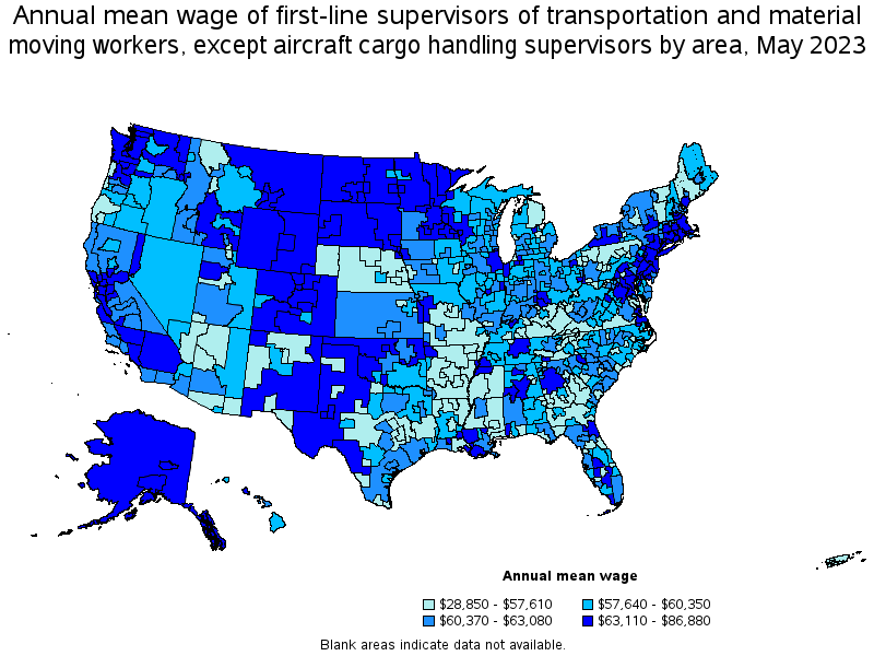 Map of annual mean wages of first-line supervisors of transportation and material moving workers, except aircraft cargo handling supervisors by area, May 2023
