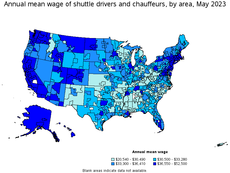 Map of annual mean wages of shuttle drivers and chauffeurs by area, May 2023