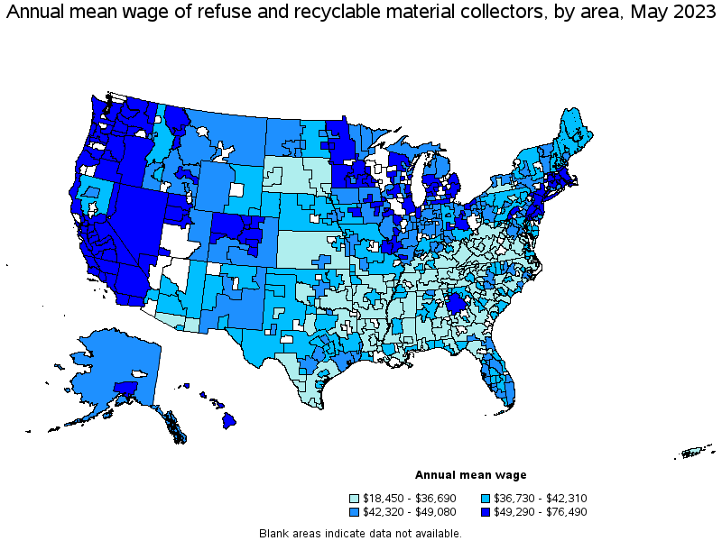 Map of annual mean wages of refuse and recyclable material collectors by area, May 2023