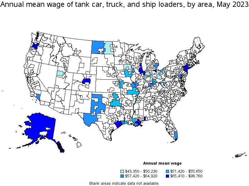 Map of annual mean wages of tank car, truck, and ship loaders by area, May 2021