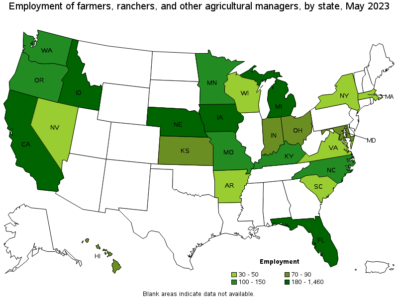 Map of employment of farmers, ranchers, and other agricultural managers by state, May 2021