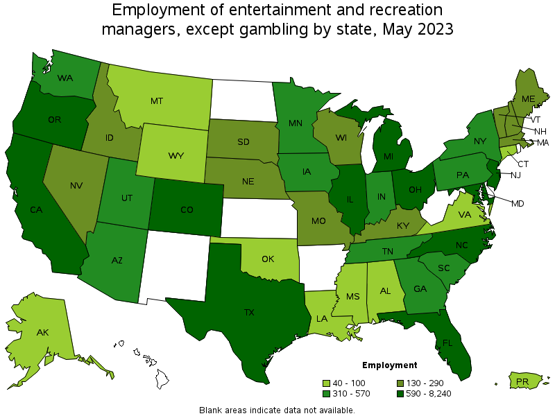 Map of employment of entertainment and recreation managers, except gambling by state, May 2022