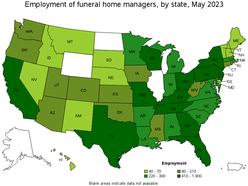 Map of employment of funeral home managers by state, May 2021