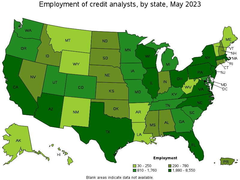 Map of employment of credit analysts by state, May 2021