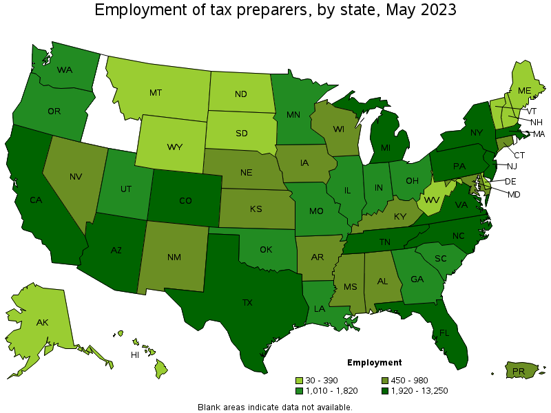 Map of employment of tax preparers by state, May 2022
