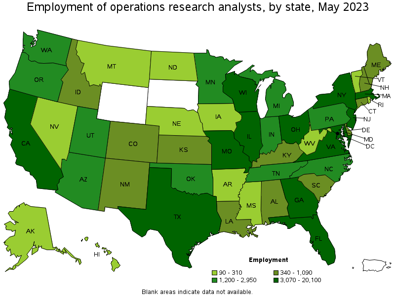 Map of employment of operations research analysts by state, May 2021