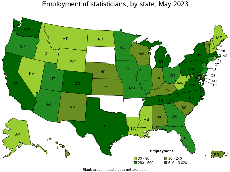 Map of employment of statisticians by state, May 2022