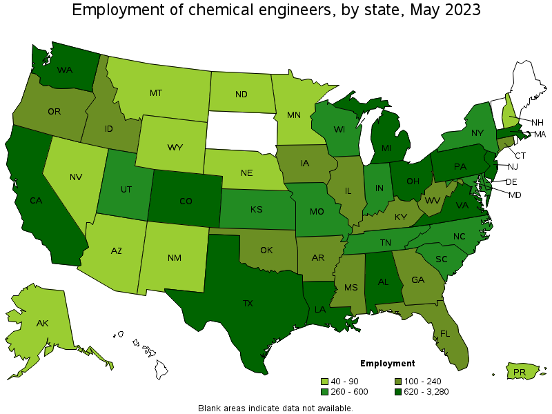 Map of employment of chemical engineers by state, May 2021