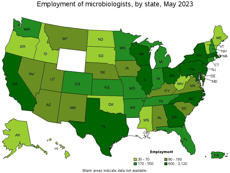 Map of employment of microbiologists by state, May 2022