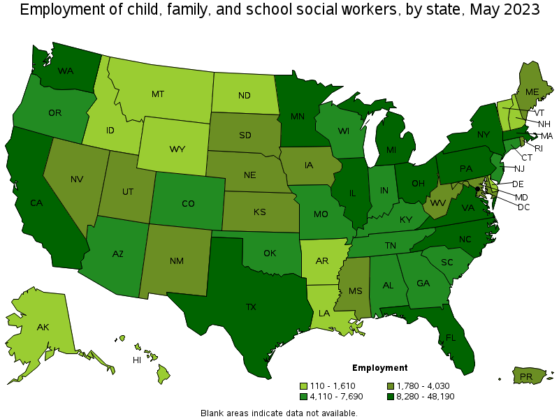 Map of employment of child, family, and school social workers by state, May 2022