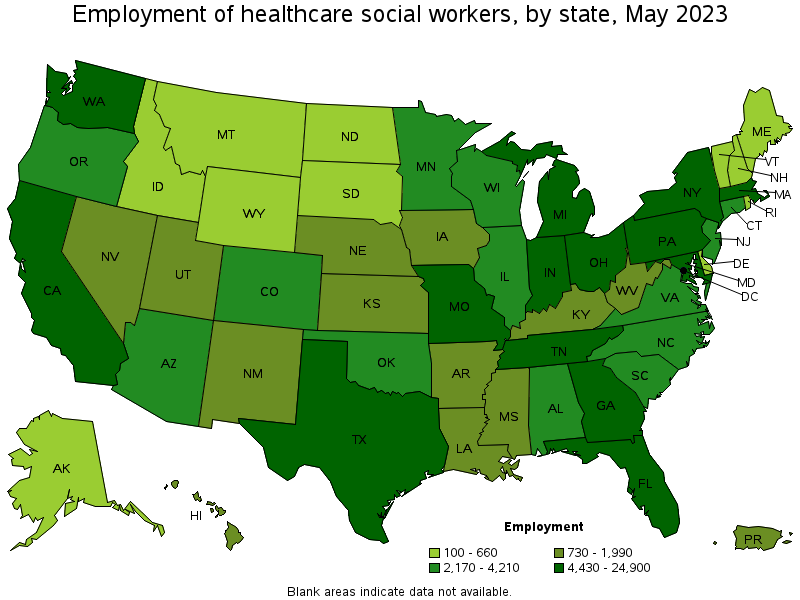 Map of employment of healthcare social workers by state, May 2022