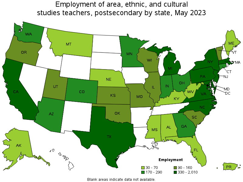 Map of employment of area, ethnic, and cultural studies teachers, postsecondary by state, May 2021