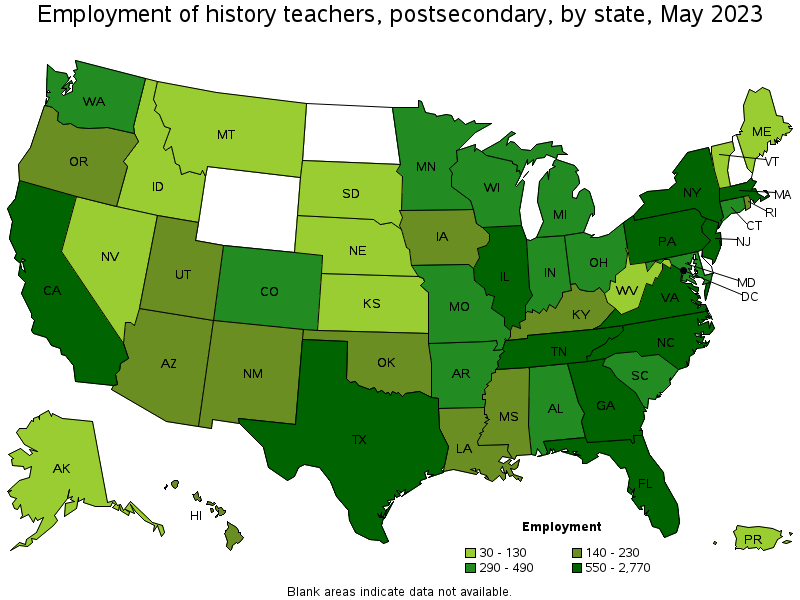 Map of employment of history teachers, postsecondary by state, May 2021
