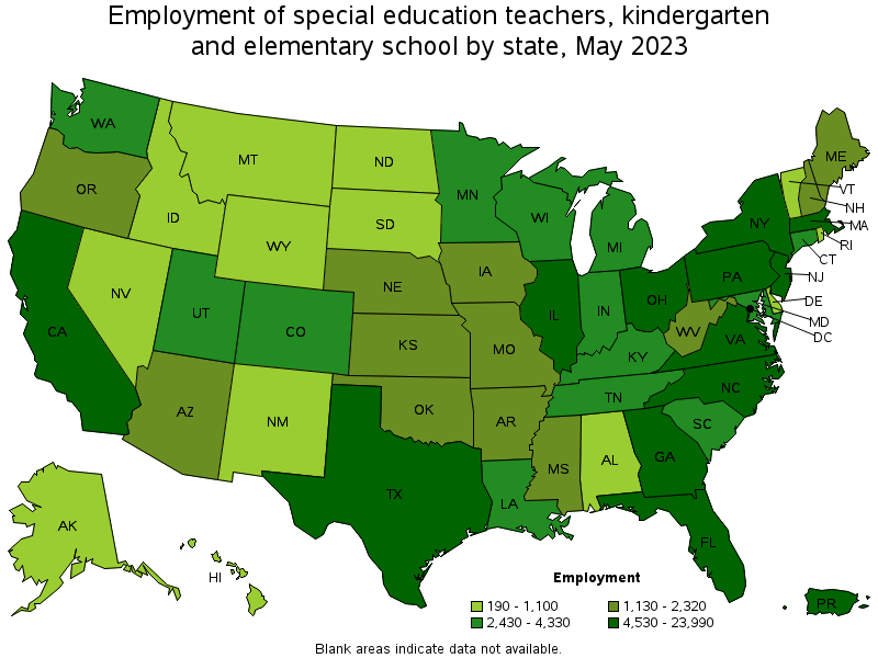 Map of employment of special education teachers, kindergarten and elementary school by state, May 2022