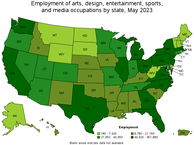 Map of employment of arts, design, entertainment, sports, and media occupations by state, May 2023