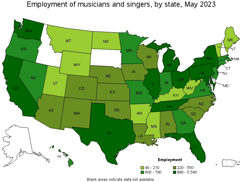 Map of employment of musicians and singers by state, May 2021