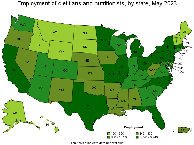 Map of employment of dietitians and nutritionists by state, May 2022