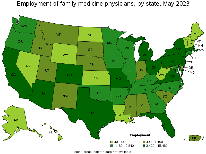 Map of employment of family medicine physicians by state, May 2021