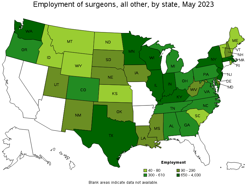 Map of employment of surgeons, all other by state, May 2021