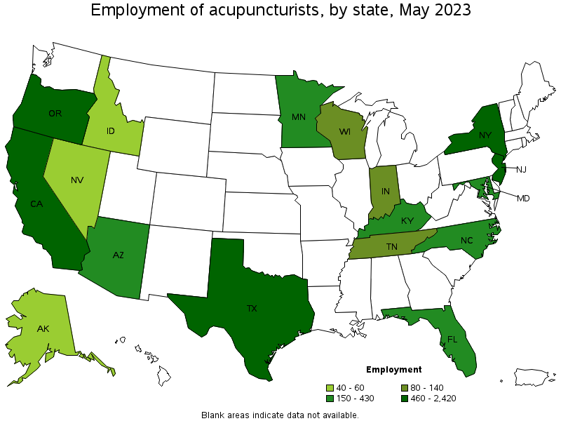 Map of employment of acupuncturists by state, May 2022