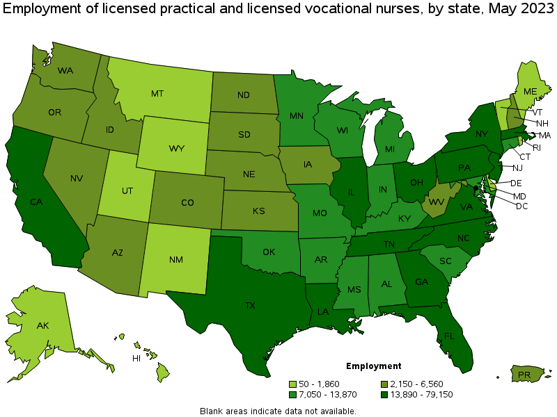 Map of employment of licensed practical and licensed vocational nurses by state, May 2022