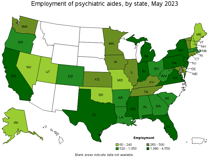 Map of employment of psychiatric aides by state, May 2022