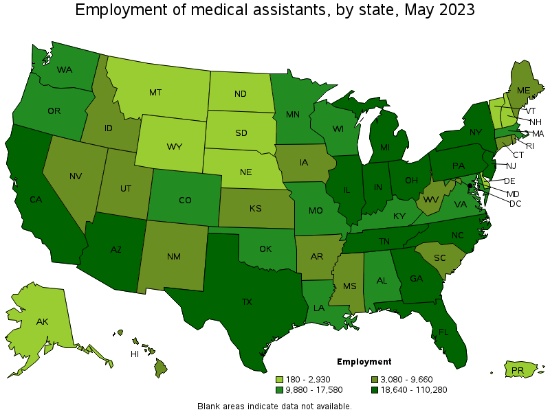 Map of employment of medical assistants by state, May 2021