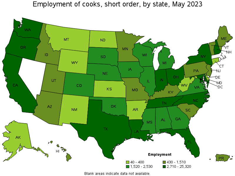 Map of employment of cooks, short order by state, May 2022