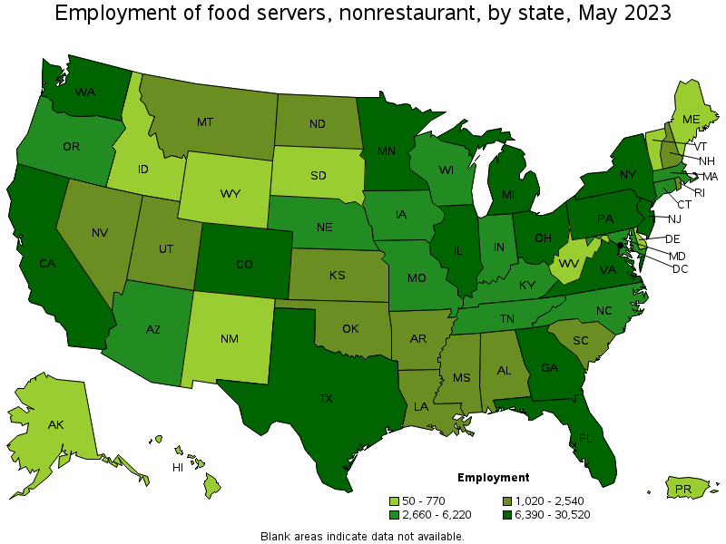 Map of employment of food servers, nonrestaurant by state, May 2021