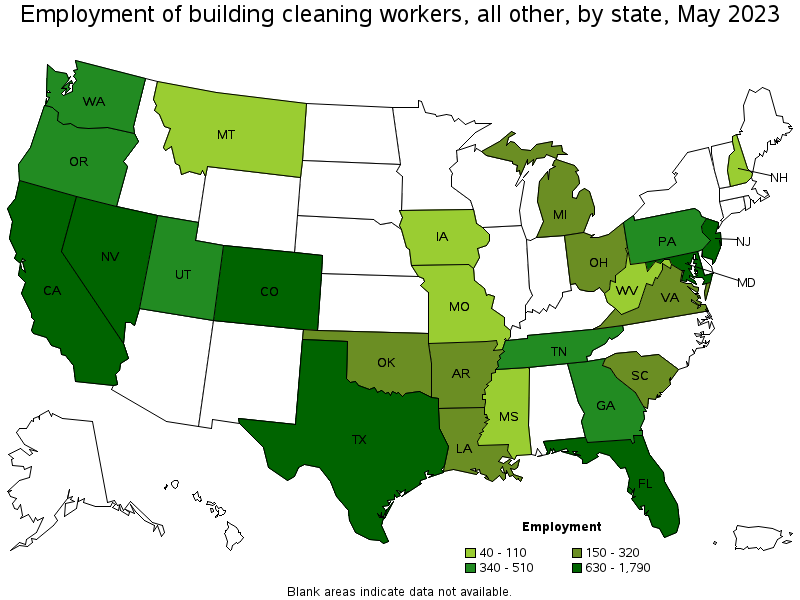 Map of employment of building cleaning workers, all other by state, May 2021