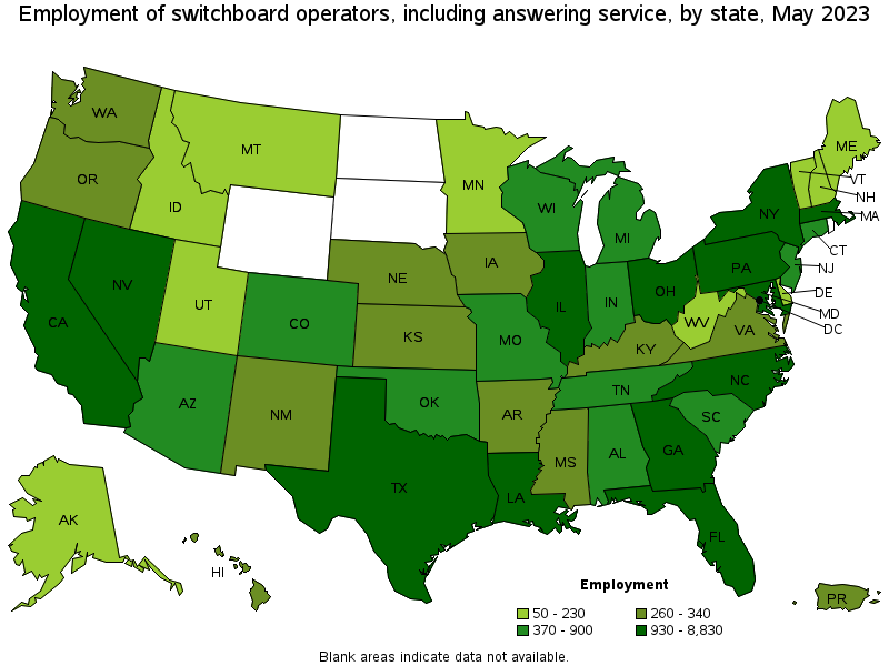 Map of employment of switchboard operators, including answering service by state, May 2022