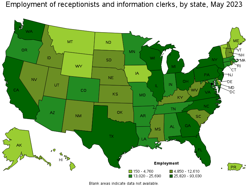 Map of employment of receptionists and information clerks by state, May 2023