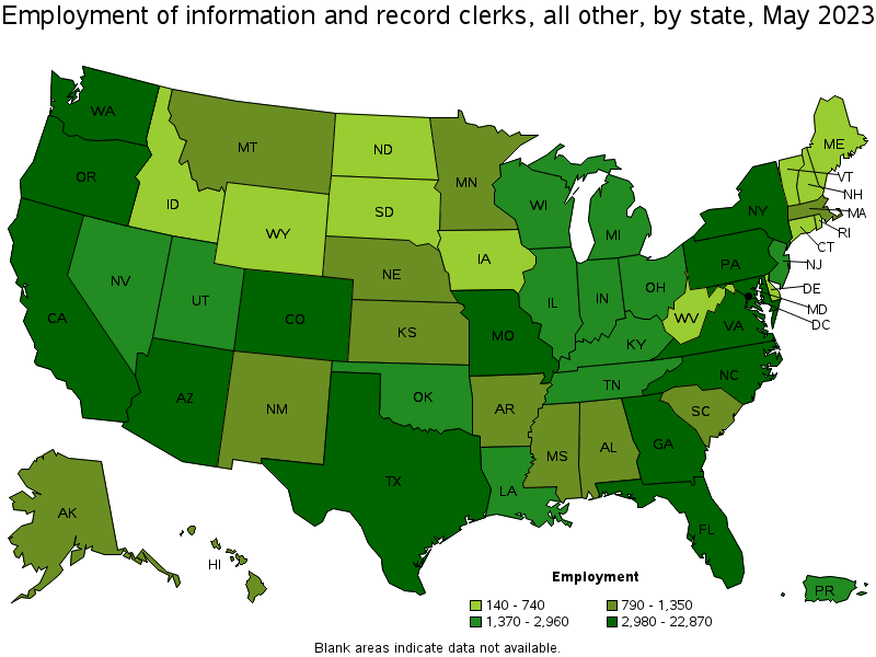 Map of employment of information and record clerks, all other by state, May 2021