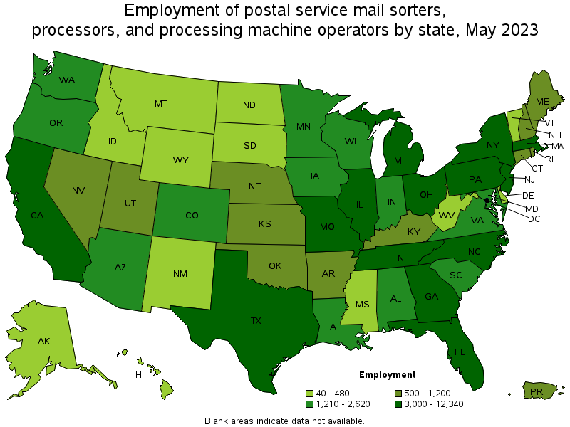 Map of employment of postal service mail sorters, processors, and processing machine operators by state, May 2022