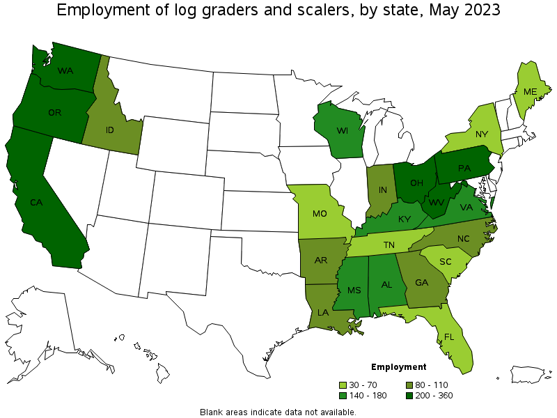 Map of employment of log graders and scalers by state, May 2022