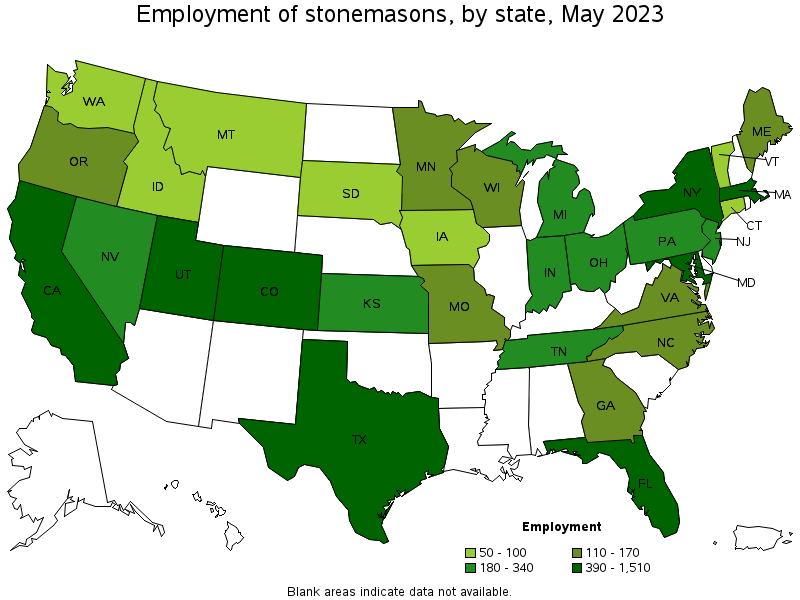 Map of employment of stonemasons by state, May 2021