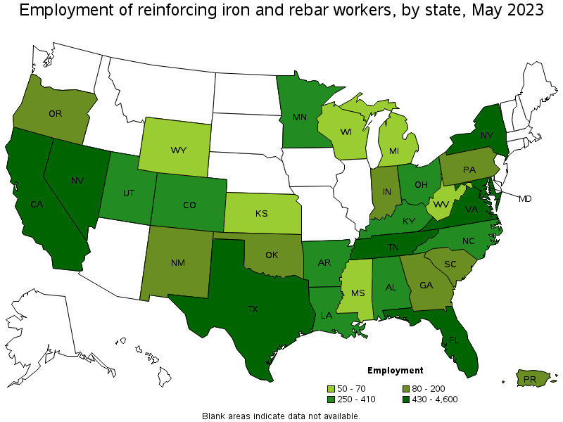 Map of employment of reinforcing iron and rebar workers by state, May 2021