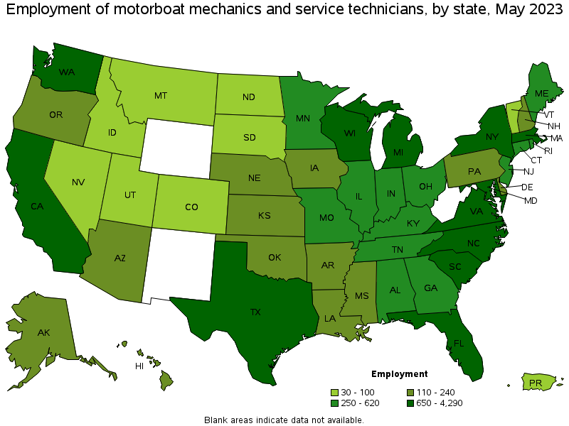 Map of employment of motorboat mechanics and service technicians by state, May 2021