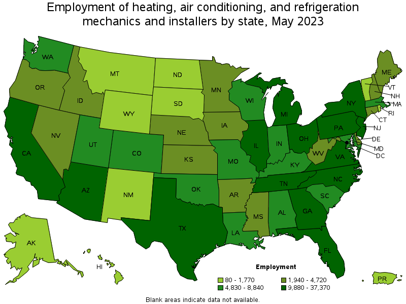 Map of employment of heating, air conditioning, and refrigeration mechanics and installers by state, May 2021